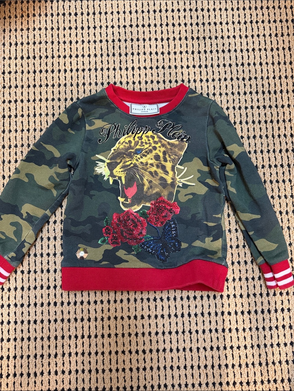 Philipp Plein girls 5 Kids Green Camo Sweatshirt with Red Trim